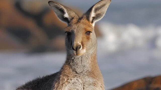 Kangaroo Standing in Ocean Surf on Rocky Coastline