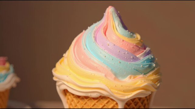 Pastel multi colored soft serve ice cream cone with dripping melted topping