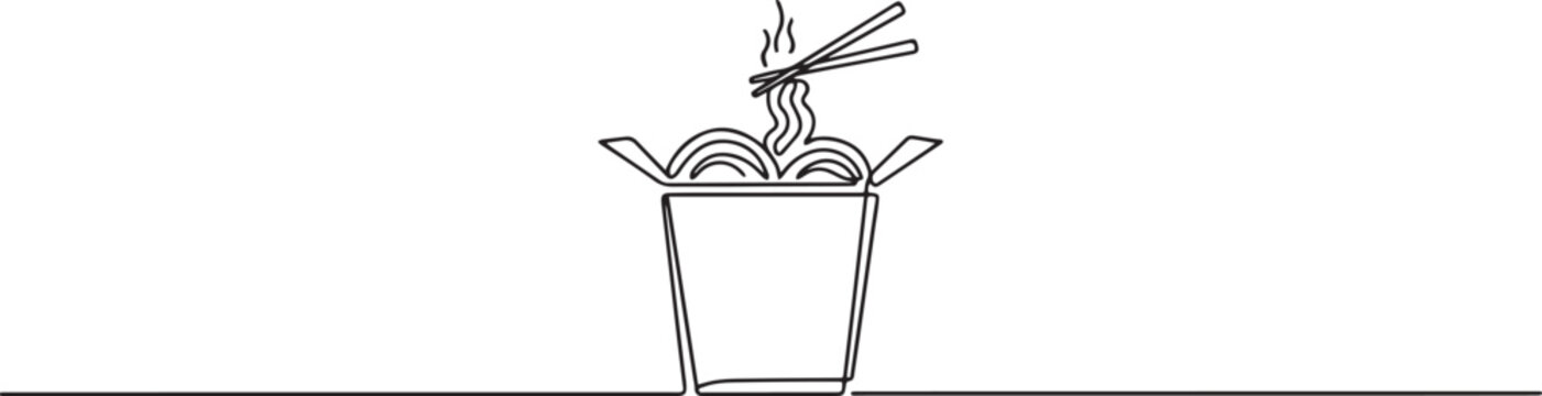 Continuous line drawing of noodle in paper box. Single line illustration of noodle in box. Takeaway food concept. one line art icon drawing vector