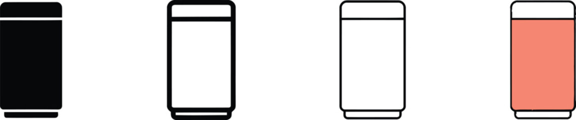 Fototapeta premium Minimalist aluminum soda can icons, set of 4 beverage container vectors, sleek drink can line art and flat symbols for packaging design