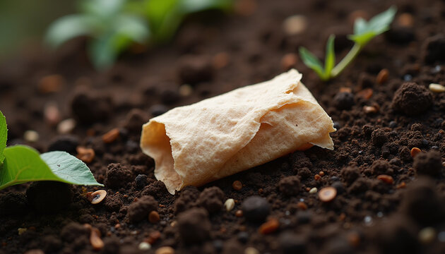 Compostable food packaging fibers separating naturally in moist organic soil