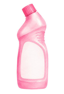 Pink detergent bottle on transparent background. Watercolor illustration of cleaning liquid container. Household chemical product for washing and sanitizing surface. Clipart element