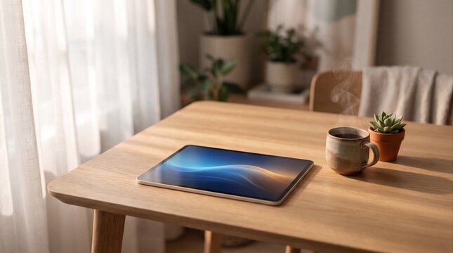 Modern digital tablet with a vibrant blue and gold screen, resting on a light wooden table in a sunlit home interior, with a coffee mug and small succulent plant
