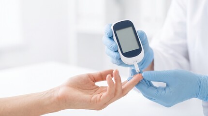 Fototapeta premium Healthcare worker measuring a patient’s blood glucose with a glucometer and finger-prick sample during diabetes screening and glycemic monitoring in a clinical setting