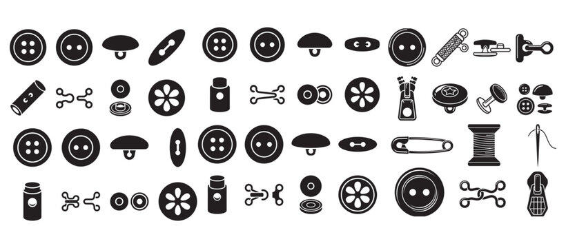 Sewing Buttons and Notions Icons Set Featuring Zippers, Needles, Spool and Stitching Tools