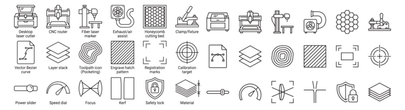 Laser Cutter and CNC Router Icon Set for Engraving, Cutting, Toolpath and Workshop Symbols