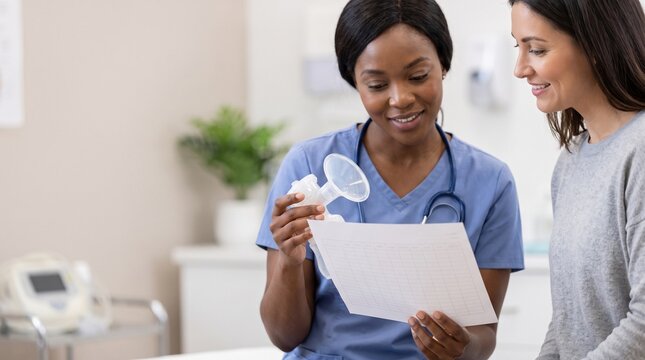 African American lactation consultant showing a breast pump flange and reviewing a pumping chart with a mother during breastfeeding support and postpartum milk expression counseling