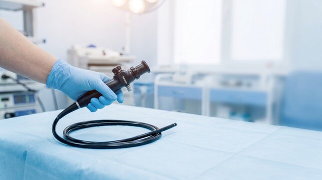Gloved clinician holding a flexible cystoscope with its insertion tube coiled on a sterile drape in a urology procedure room, prepared for bladder and urinary tract examination