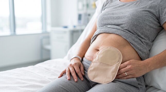 Adult patient resting in a hospital bed with an ostomy pouch attached to the lower abdomen after colorectal surgery, concept of stoma care and postoperative recovery