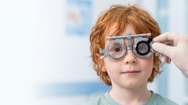 Red-haired child wearing an optometry trial frame while an eye doctor adjusts the lens during pediatric refraction testing and vision assessment in a clinic