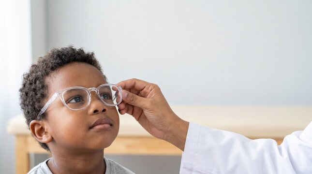 Optometrist fitting clear eyeglass frames on an African American boy during a pediatric vision correction consultation in an eye clinic, with ample copy space