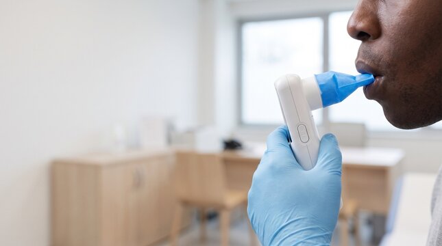 African American man performing a spirometry test through a disposable mouthpiece while a clinician holds a handheld digital spirometer in a respiratory clinic