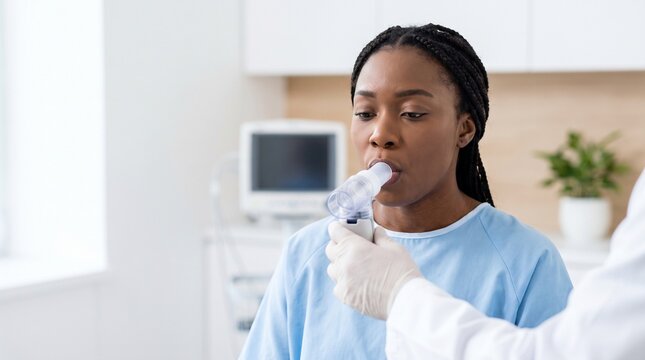 African American female patient performing spirometry with a handheld mouthpiece during pulmonary function testing, respiratory assessment and lung disease screening in a clinic