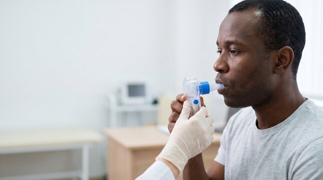 African American man performing a spirometry test through a mouthpiece while a clinician holds a handheld spirometer to assess lung function in a respiratory clinic