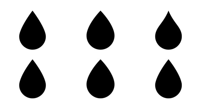 Six Black Water Droplets, Simple Liquid Icons, Abstract Rain Symbols, Clean Fluid Shapes