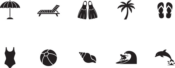 Solid vector icon set. beach vector, lounger, flippers, palm, flip flops, swimsuit, ball, shell, surfing, dolphin. black icon silhouette vector © MDROBIUL