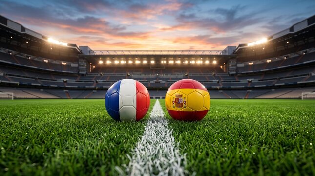 France and Spain soccer balls on a stadium field at sunset