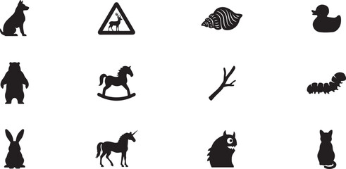 Fototapeta premium Solid vector icon set. dog vector, wild animals road sign, shell, duck toy, bear, rocking horse, stick, caterpillar, rabbit, unicorn, monster, cat. black icon silhouette vector