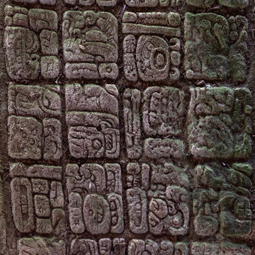Hieroglyps on mayan stela, Yaxchilan, Chiapas, Mexico.