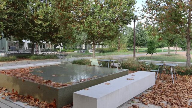 Square water fountain with benches and autumn leaves.