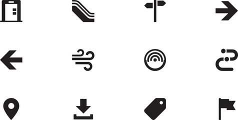 Set of vector isolated black icon. elevator vector, escalator, signpost, right arrow, left, wind, radar, route, pin, download, place tag, flag, guidepost. black icon silhouette vector © MDROBIUL
