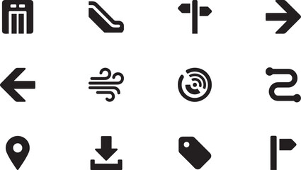Set of vector isolated black icon. elevator vector, escalator, signpost, right arrow, left, wind, radar, route, pin, download, place tag, flag, guidepost. black icon silhouette vector © MDROBIUL