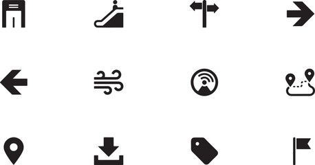 Set of vector isolated black icon. elevator vector, escalator, signpost, right arrow, left, wind, radar, route, pin, download, place tag, flag, guidepost. black icon silhouette vector © MDROBIUL