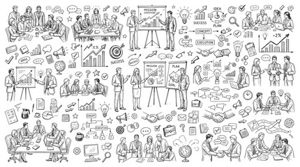 Obraz premium Hand-drawn doodle set of business meeting and team collaboration elements to draw