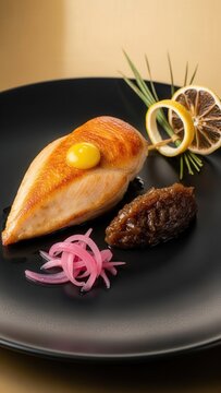 Gourmet chicken breast with yassa onion jam, lemon gel, and pickled shallots against golden negative space