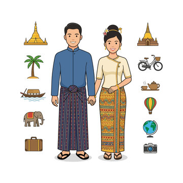 Burmese Couple in Traditional Clothing Surrounded by Cultural Travel Icons