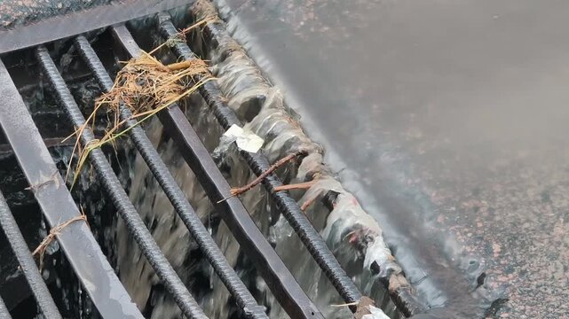 Close-up of heavy rainwater flowing down a street carrying trash and natural debris into a clogged metal storm drain grate. The downpour highlights urban drainage issues.