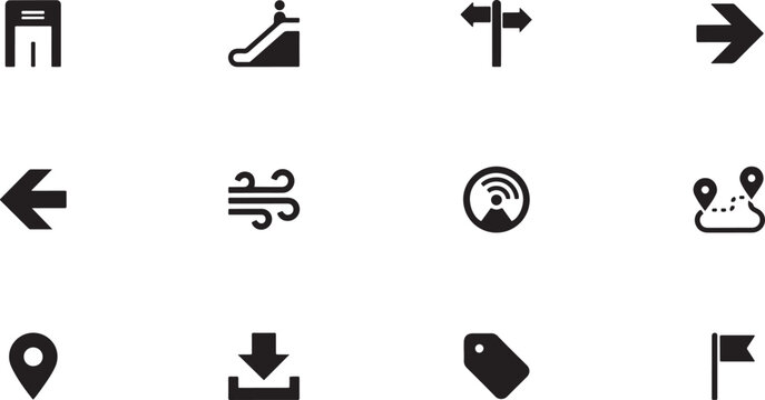 Set of vector isolated black icon. elevator vector, escalator, signpost, right arrow, left, wind, radar, route, pin, download, place tag, flag, guidepost. black icon silhouette vector