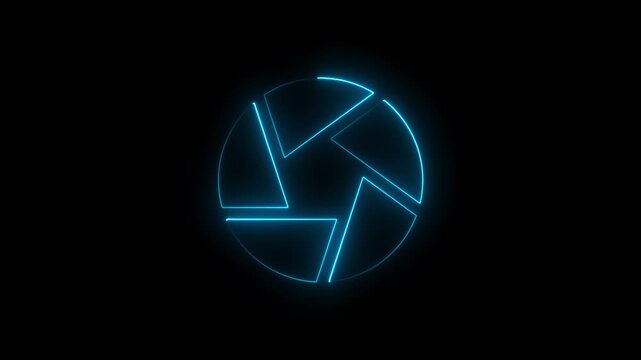 Neon blue camera shutter aperture animation glowing abstract background