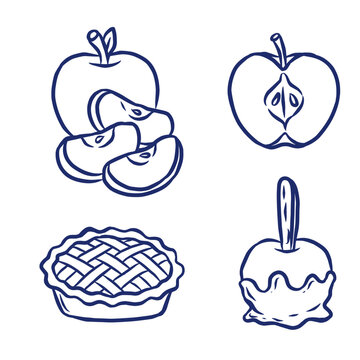 Hand Drawn Caramel Candy Apple and Fresh Sliced Fruit Line Art