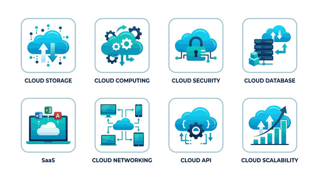 Cloud computing icons, cloud service symbols, blue cloud storage illustrations, 9 cloud technology graphics