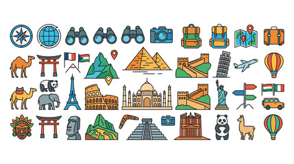 Travel Icons Collection: Landmarks, Animals, and Adventure Gear © nad