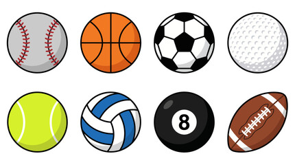 Obraz premium Collection of Eight Different Sport Balls Vector Icons for Athletic Equipment Graphic Design