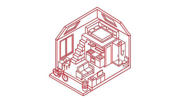 Tiny House Interior Isometric Line Art Illustration