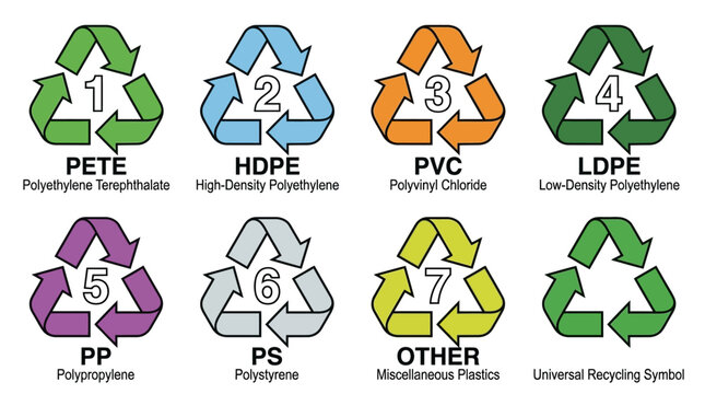 Recycling Symbols, Plastic Icons, PETE, HDPE, PVC, LDPE, PP, PS, Other, Universal Recycling Signs