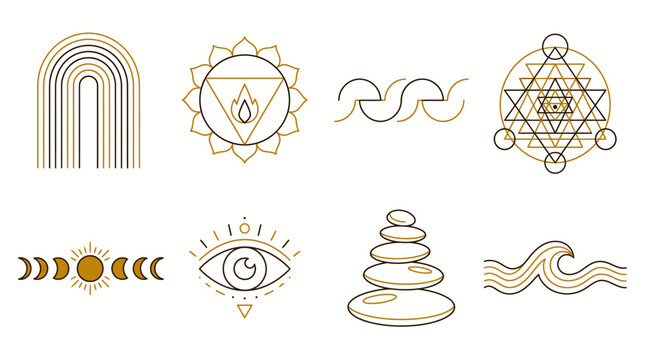 Esoteric line art icons set with sacred geometry moon phases chakra and zen stones