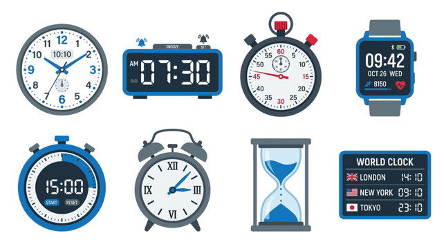 Clock icons, watch symbols, time vector graphics, alarm clock illustrations, digital timers