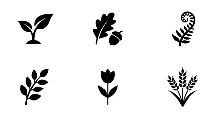Obraz premium Nature Icons Set: Plant, Leaf, Acorn, Fern, Wheat, Flower Vector Graphics