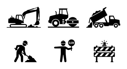 Construction Icons Set: Excavator, Roller, Dump Truck, Worker, Signal, Barrier © MRHASAN