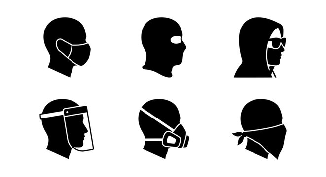 Face Mask Icons, Protection Gear Silhouettes, Safety Headwear Vector Set