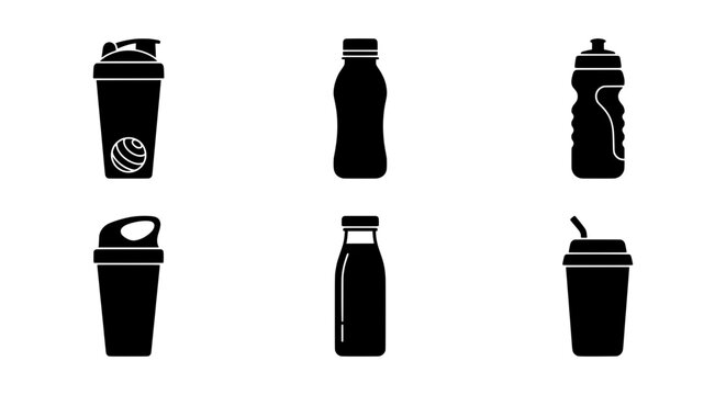 Fitness Drink Bottles, Shakers, and Containers Vector Icons Set: Health, Hydration, Workout
