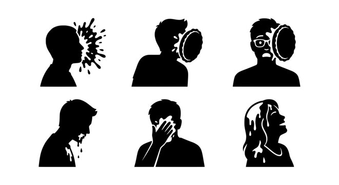 Pie Face Silhouettes, Comedy Prank Icons, Humorous Surprise Vector Set