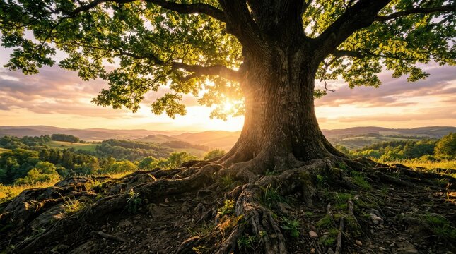 Ancient oak tree at sunset