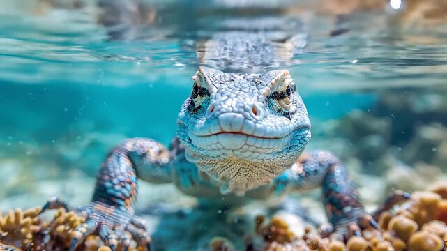 Close-up of a Blue Marine Lizard Swimming Underwater