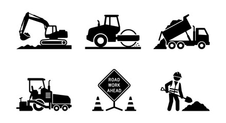 Construction Icons Set: Excavator, Roller, Dump Truck, Paver, Sign, Worker © ZARA