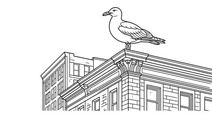 Seagull perched on top of an old urban building, illustration © nia